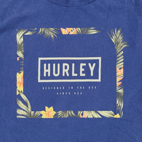 Hurley Shirt Men Small Blue Logo Floral Graphic Tee Short Sleeve Spell Out Patch - Picture 2 of 12